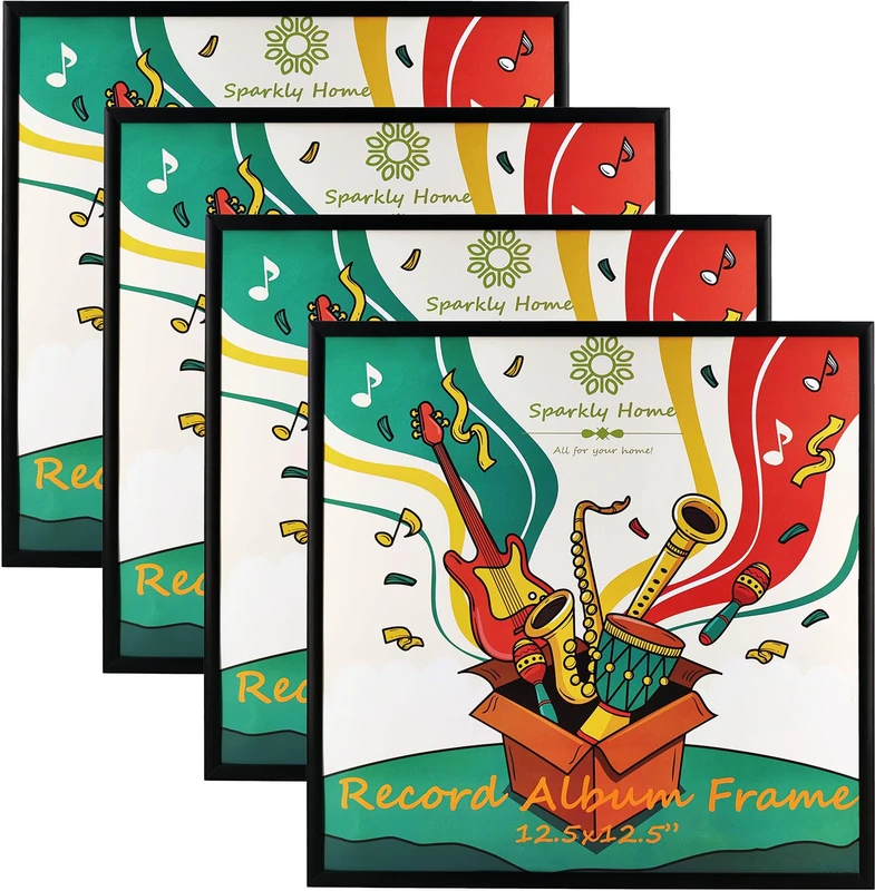 SparklyHome 4 Packs,12.5x12.5 Black Aluminum Metal Vinyl Record Album Frame, Display Music Vinyl LP Record Album Covers, Hanging Hardware Included