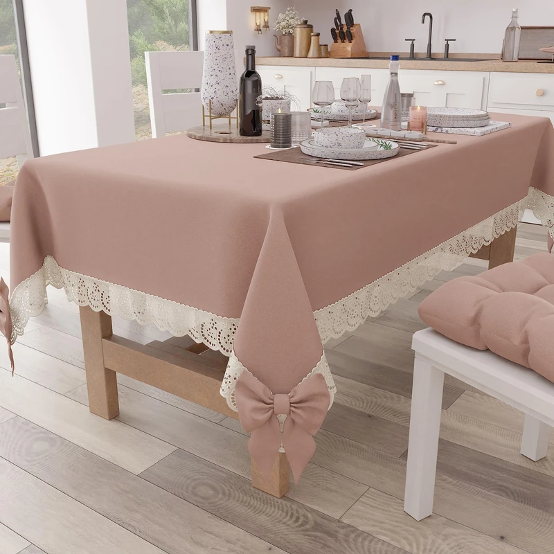 PETTI Artigiani Italiani Elegant Rectangular Cotton Tablecloth for Kitchen Living Room with Lace Frill and Bows Solid Colour 140 x 240 cm Powder