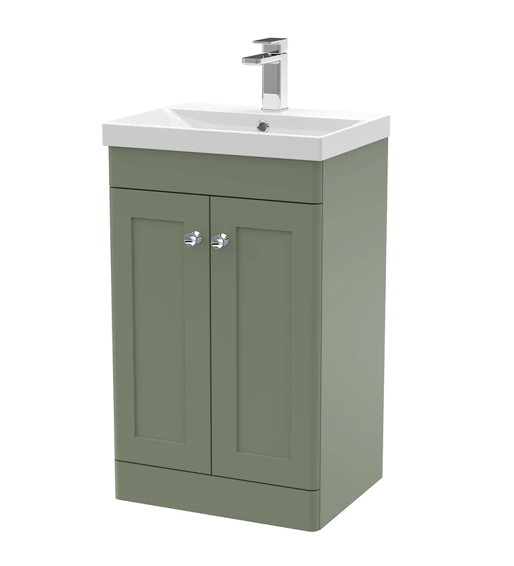 nuie Floor Standing 2 Door Unit & Thin-Edge Ceramic Basin, 500mm, Satin Green