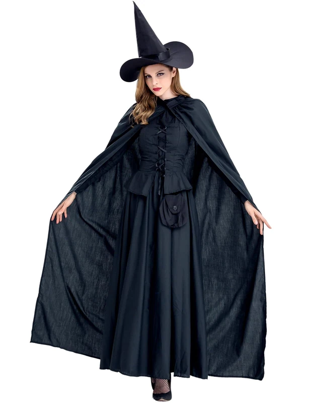 GRAJTCIN Women's Wicked Witch Costume, 4 Pieces Halloween Deluxe Witchy Dress Black, Black (Classic), Large