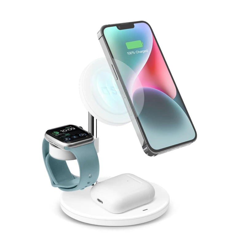 Caricabatterie wireless 3 in 1 da 15W compatibile con MagSafe per iPhone, smartphone Android, Apple Watch, AirPods, stazione di ricarica con funzione stand e 1 uscita USB-C, cavo di ricarica incluso - Image 1