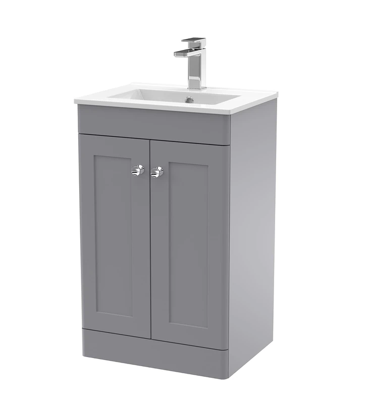 nuie CLC223C Classique Traditional Bathroom Floor Standing 2 Door Unit & Minimalist Ceramic Basin, 500mm, Satin Grey