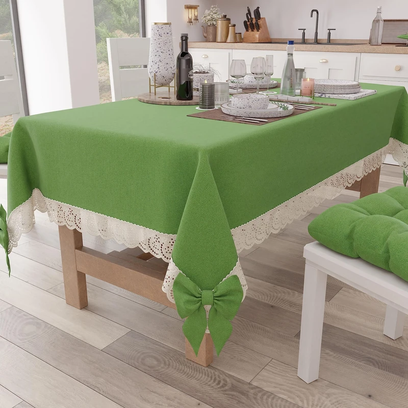 PETTI Artigiani Italiani - Tablecloth, Table Cloth, Rectangular Kitchen Tablecloth with Sangallo Lace and Bows, Plain Cotton Table Cover, X6 Seater (140 x 180 cm) Green