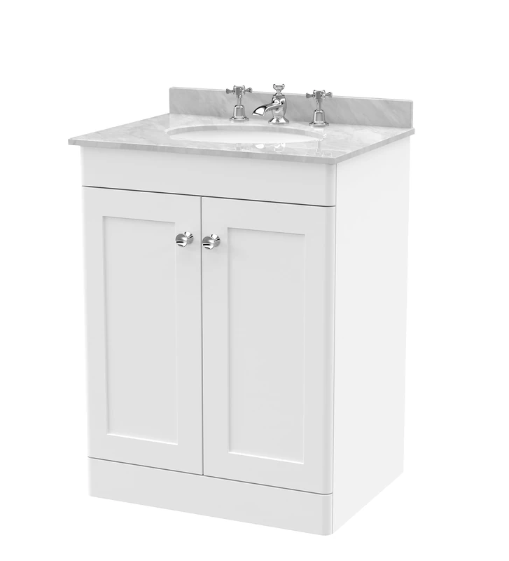 nuie CLC125GR3 Classique Floor Standing 2 Door Unit & 3 Tap Hole Marble Worktop with Round Basin, 600mm, Satin White/Grey