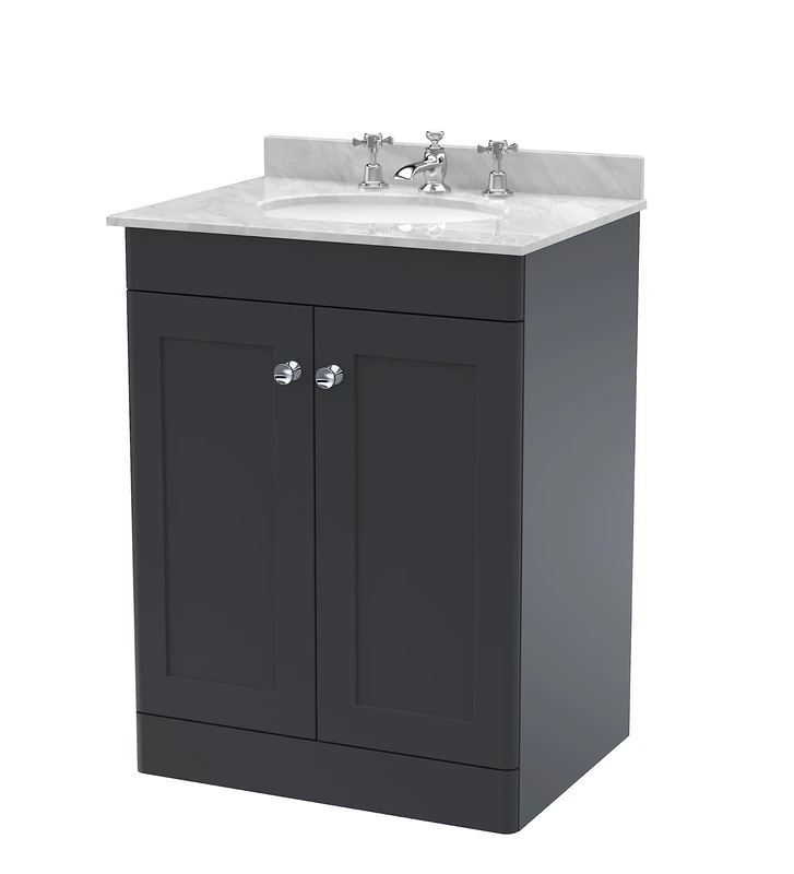 nuie CLC1425GR3 Classique Floor Standing 2 Door Unit & 3 Tap Hole Marble Worktop with Round Basin, 600mm, Soft Black/Grey