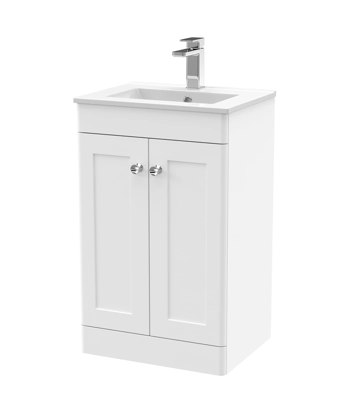 nuie Floor Standing 2 Door Unit & Minimalist Ceramic Basin, 500mm, Satin White