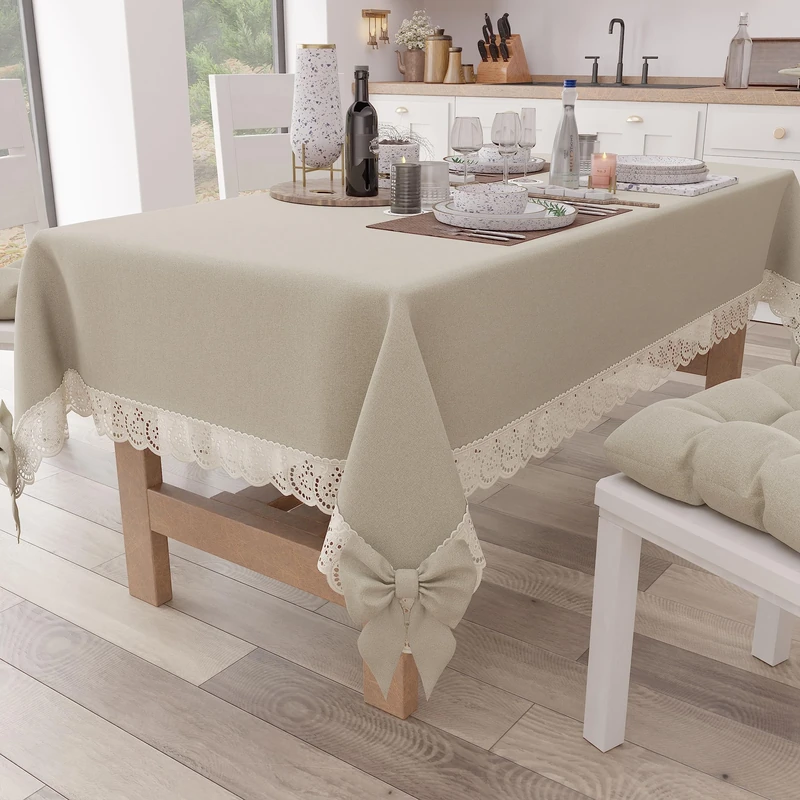 PETTI Artigiani Italiani Elegant Rectangular Cotton Tablecloth for Kitchen Table Living Room with Lace Frill and Bows Solid Color X6 Seater (140x180cm) Beige