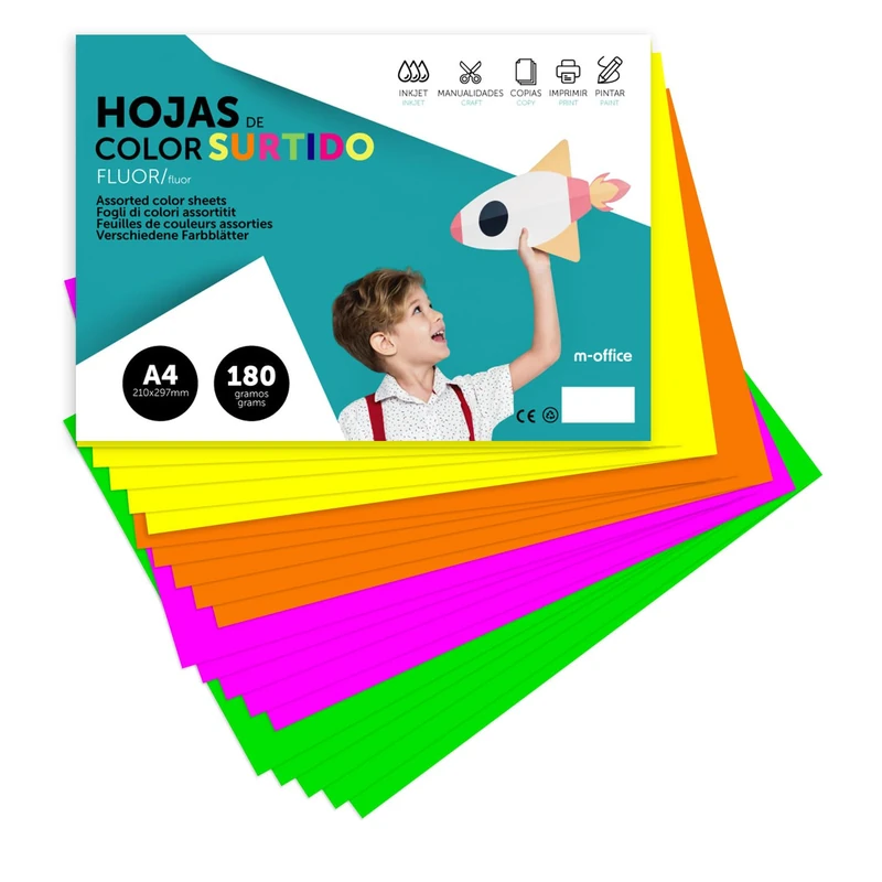 A4 Assorted Colours Fluorescent 180g Card for Crafts, Documents and Creative Designs Colour Foils A4 m-office (x500 Fluorine)