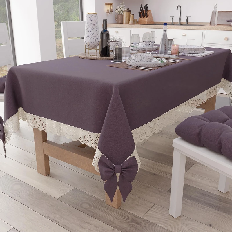 PETTI Artigiani Italiani - Tablecloth Rectangular Kitchen Tablecloth with Sangallo Lace and Bows Plain Cotton Tablecloth X6 Seater (140x180 cm), Mauve