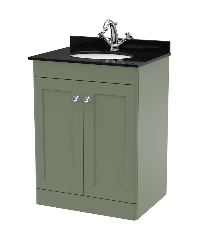 nuie CLC825BR1 Classique Floor Standing 2 Door Unit & 1 Tap Hole Marble Worktop with Round Basin, 600mm, Satin Green/Black