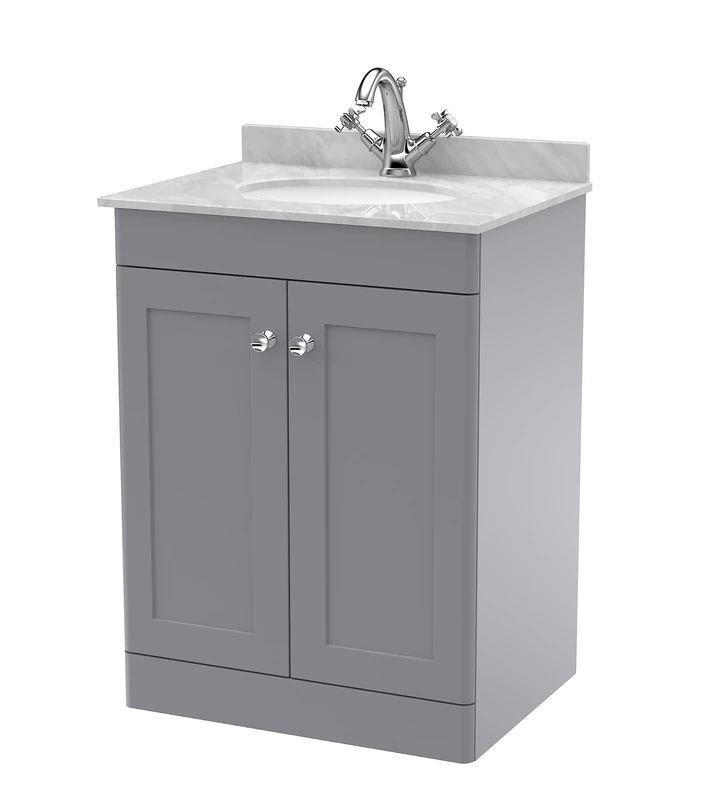 nuie CLC225GR1 Classique Floor Standing 2 Door Unit & 1 Tap Hole Marble Worktop with Round Basin, 600mm, Satin Grey