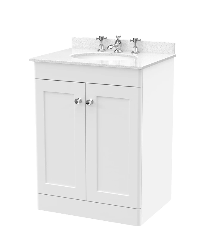 nuie Floor Standing 2 Door Unit & 3 Tap Hole Marble Worktop with Round Basin, 600mm, Satin White
