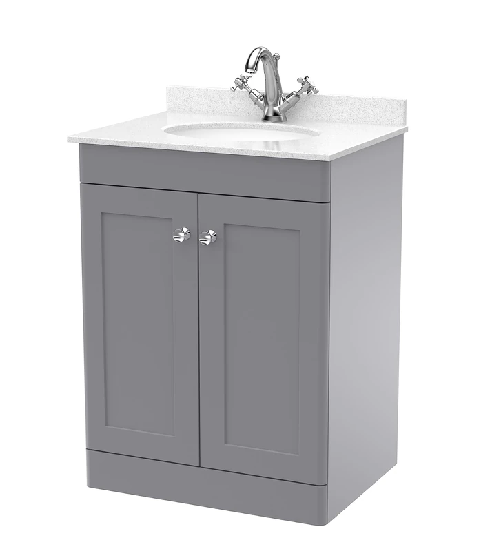 nuie Floor Standing 2 Door Unit & 1 Tap Hole Marble Worktop with Round Basin, 600mm, Satin Grey/White