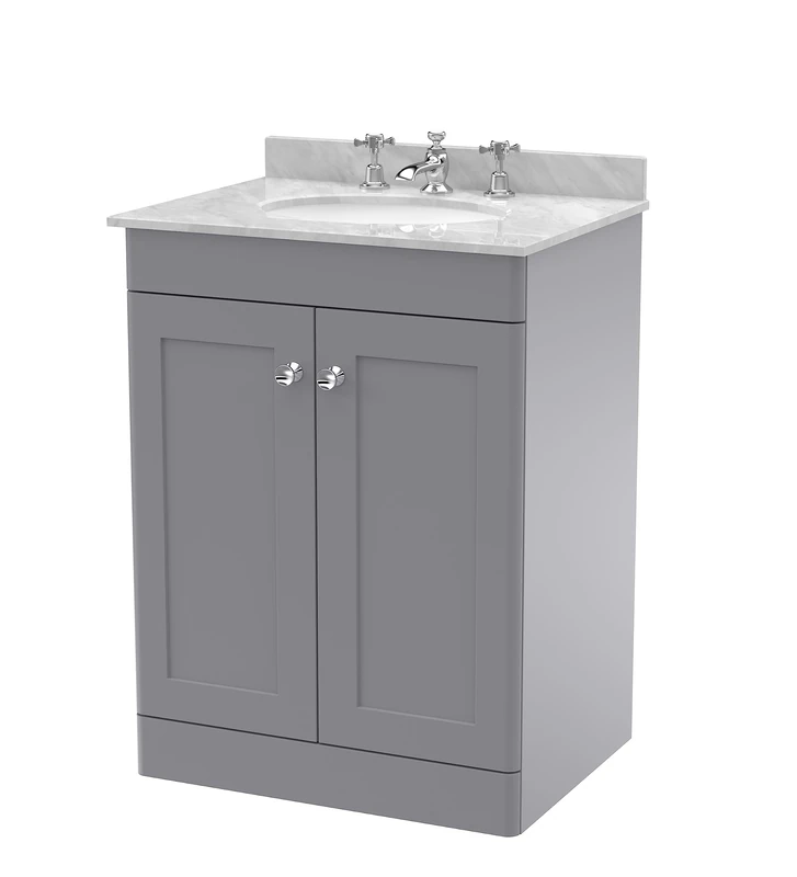 nuie CLC225GR3 Classique Floor Standing 2 Door Unit & 3 Tap Hole Marble Worktop with Round Basin, 600mm, Satin Grey