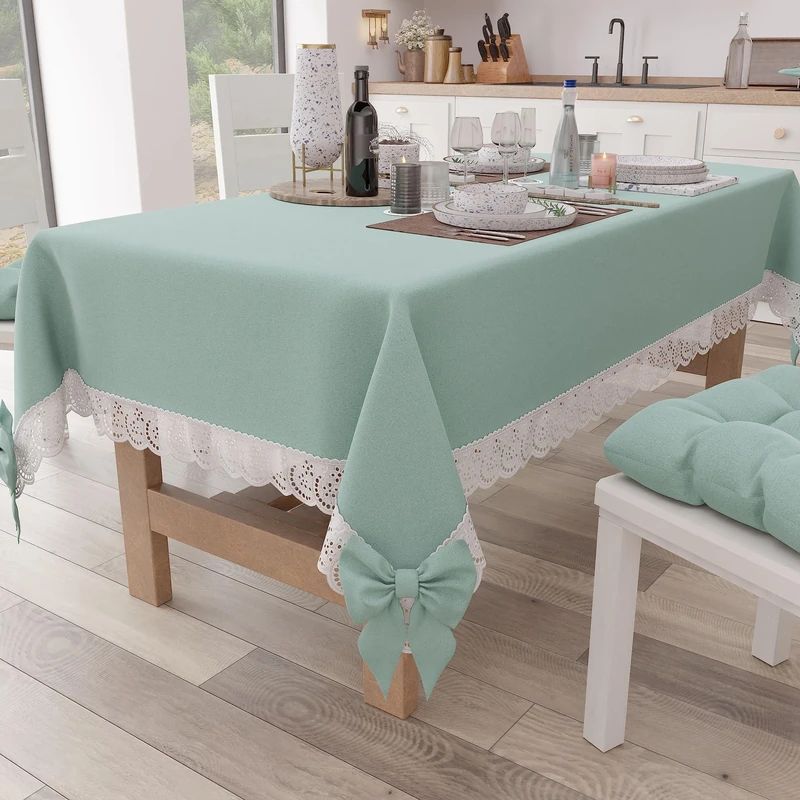 PETTI Artigiani Italiani Elegant Rectangular Cotton Tablecloth for Kitchen Living Room with Lace Frill and Bows Solid Colour X12 Seater (140 x 240 cm) Aqua