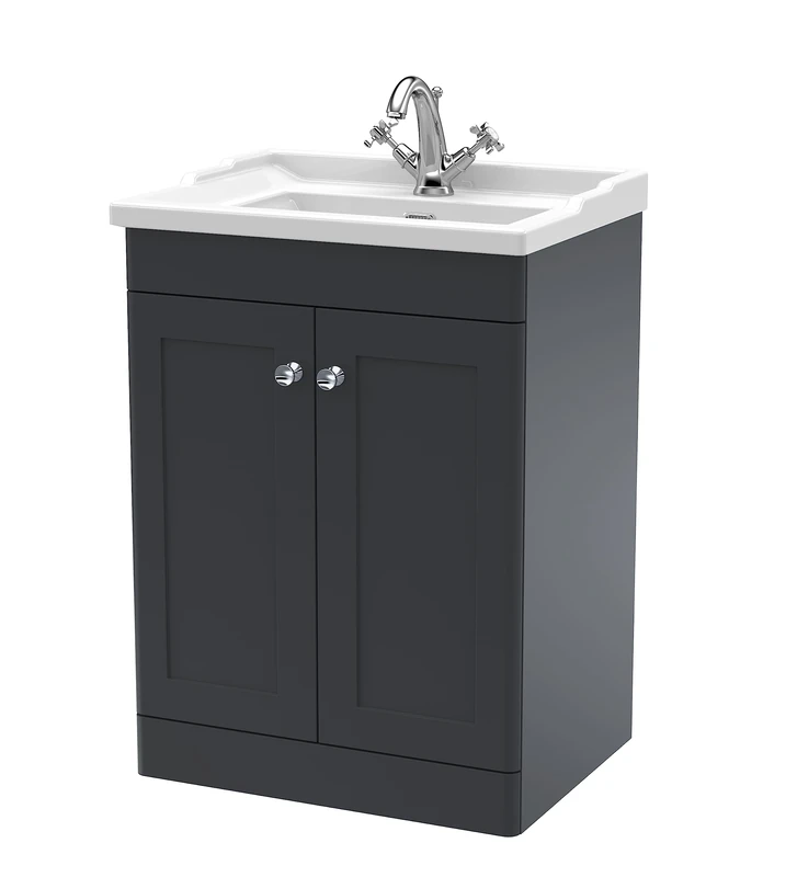 nuie CLC1425F Classique Floor Standing 2 Door Vanity Unit & 1 Tap Hole Ceramic Basin, 600mm, Soft Black