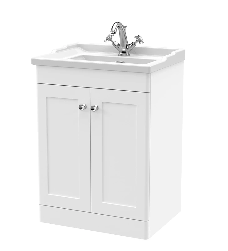 nuie CLC125F Classique Floor Standing 2 Door Vanity Unit & 1 Tap Hole Ceramic Basin, 600mm, Satin White