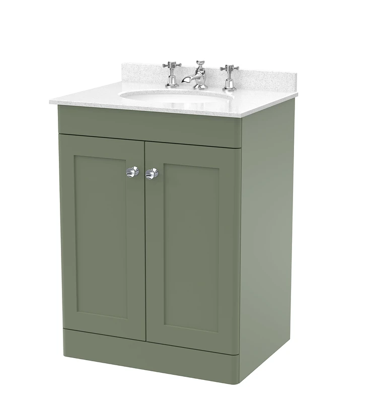 nuie Floor Standing 2 Door Unit & 3 Tap Hole Marble Worktop with Round Basin, 600mm, Satin Green/White