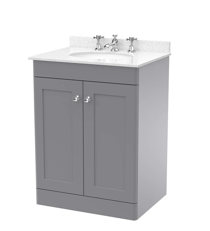nuie Floor Standing 2 Door Unit & 3 Tap Hole Marble Worktop with Round Basin, 600mm, Satin Grey/White