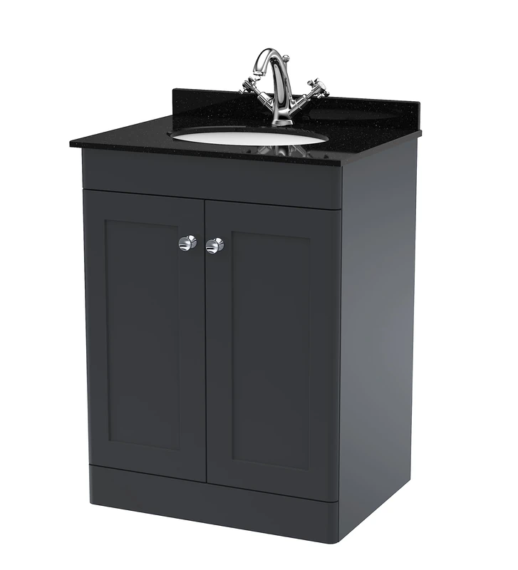 nuie CLC1425BR1 Classique Floor Standing 2 Door Unit & 1 Tap Hole Marble Worktop with Round Basin, 600mm, Soft Black