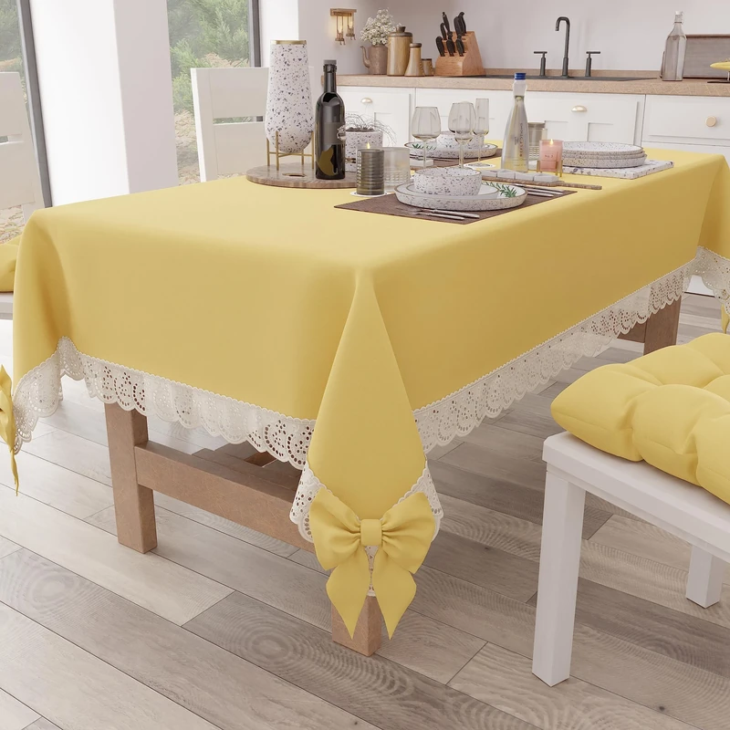 PETTI Artigiani Italiani - Tablecloth, Kitchen Tablecloth, Rectangular Tablecloth with Sangalla Lace and Bows, Plain Cotton Tablecloth, 12 Seater (140 x 240 cm) Yellow