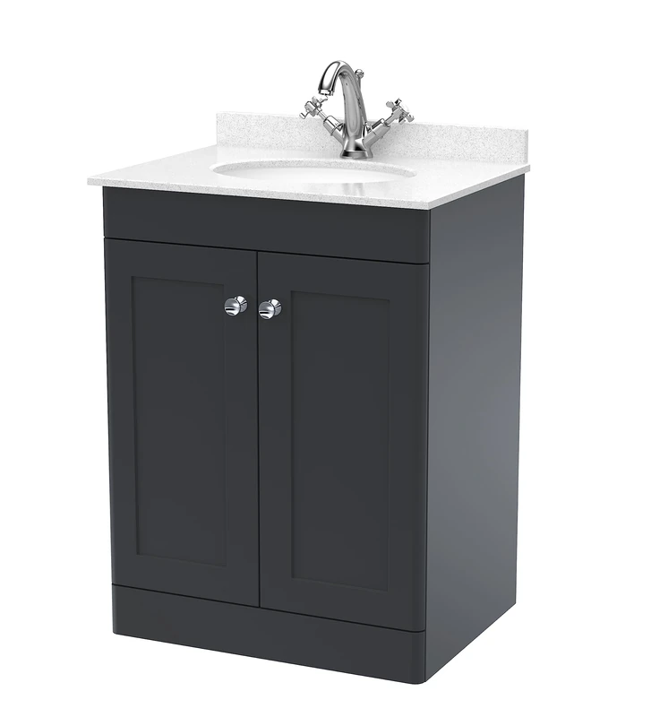 nuie CLC1425WR1 Classique Floor Standing 2 Door Unit & 1 Tap Hole Marble Worktop with Round Basin, 600mm, Satin Anthracite/White