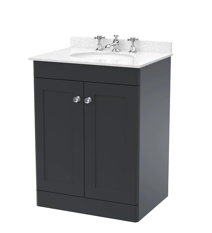 nuie Floor Standing 2 Door Unit & 3 Tap Hole Marble Worktop with Round Basin, 600mm, Satin Anthracite/White, Soft Black