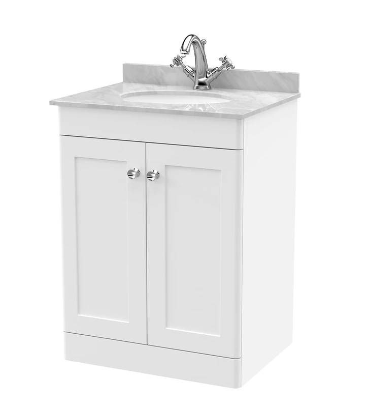 nuie CLC125GR1 Classique Floor Standing 2 Door Unit & 1 Tap Hole Marble Worktop with Round Basin, 600mm, Satin White/Grey