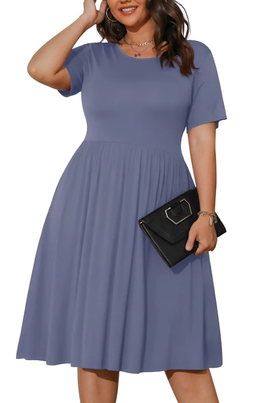 POSESHE Women Plus Size 2023 Summer Casual Short Sleeve Empire Waist Loose Fit Swing T-Shirt Dress with Pockets, Purple, Grey, L