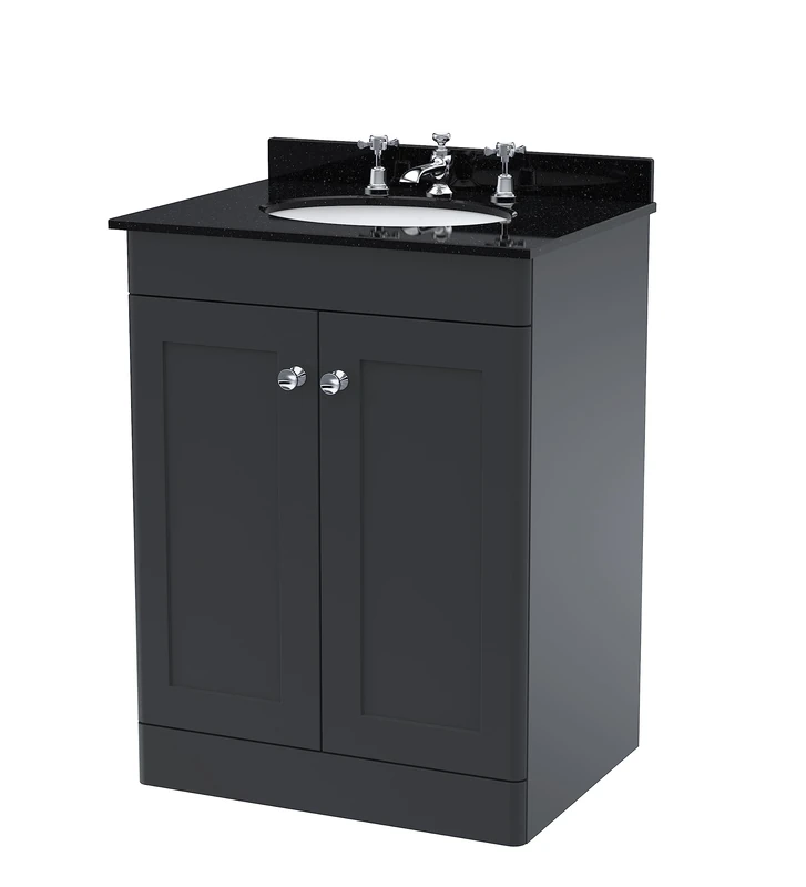nuie CLC1425BR3 Classique Floor Standing 2 Door Unit & 3 Tap Hole Marble Worktop with Round Basin, 600mm, Soft Black