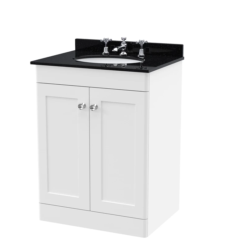 nuie CLC125BR3 Classique Floor Standing 2 Door Unit & 3 Tap Hole Marble Worktop with Round Basin, 600mm, Satin White/Black