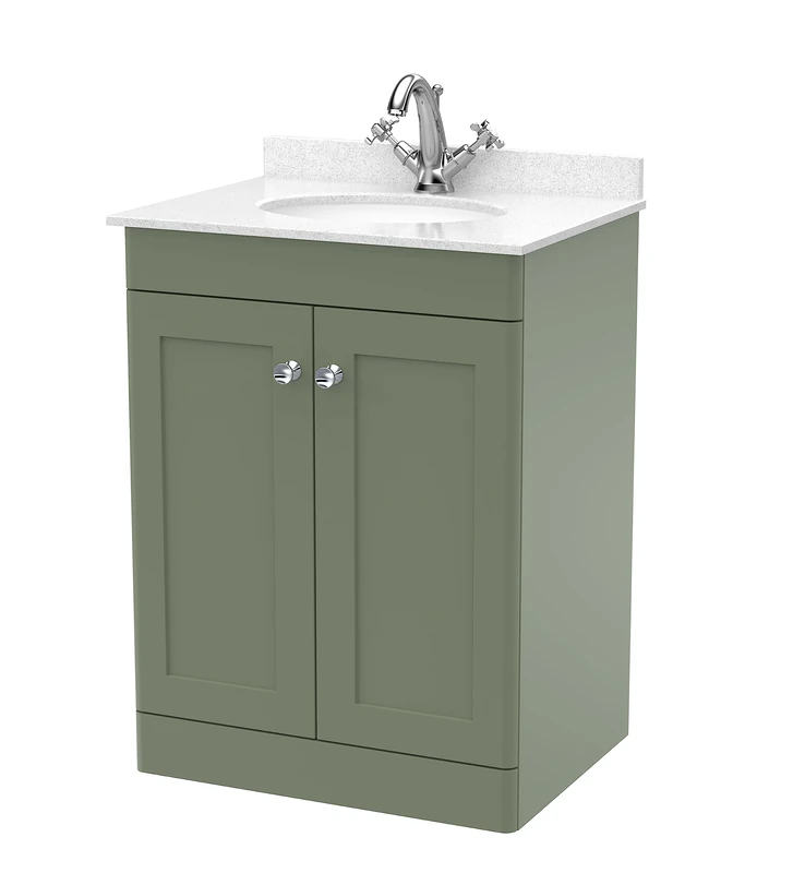 nuie Floor Standing 2 Door Unit & 1 Tap Hole Marble Worktop with Round Basin, 600mm, Satin Green/White