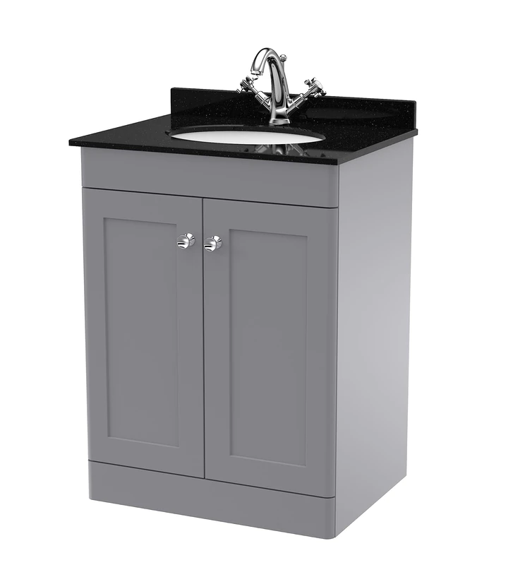 nuie CLC225BR1 Classique Floor Standing 2 Door Unit & 1 Tap Hole Marble Worktop with Round Basin, 600mm, Satin Grey/Black