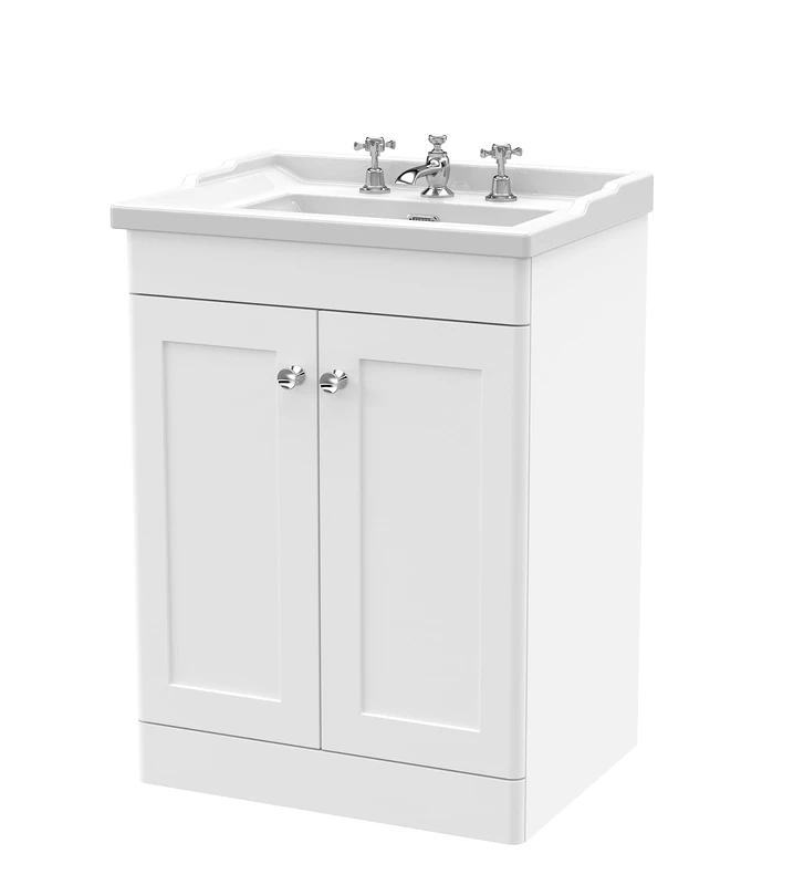 nuie CLC125G Classique Floor Standing 2 Door Vanity Unit & 3 Tap Hole Ceramic Basin, 600mm, Satin White