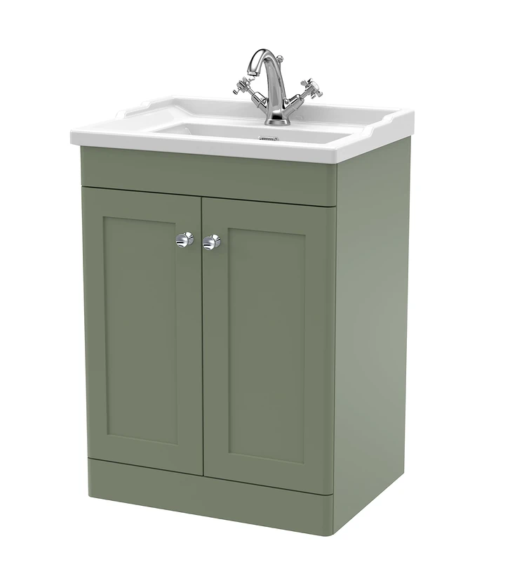 nuie CLC825F Classique Floor Standing 2 Door Vanity Unit & 1 Tap Hole Ceramic Basin, 600mm, Satin Green