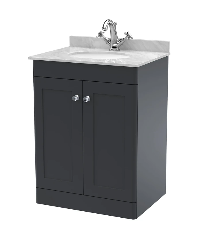 nuie CLC1425GR1 Classique Floor Standing 2 Door Unit & 1 Tap Hole Marble Worktop with Round Basin, 600mm, Soft Black/Grey