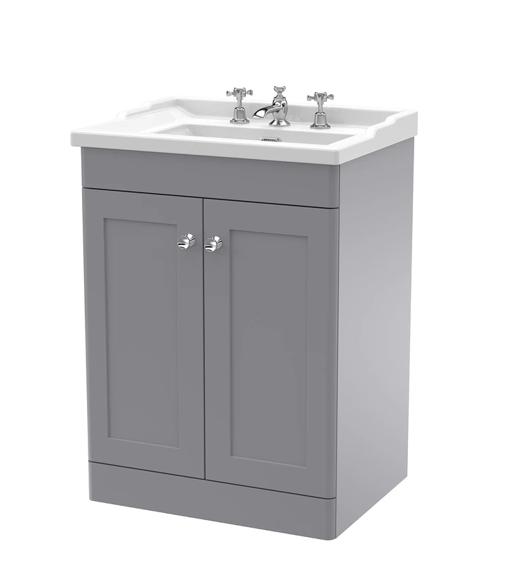 nuie CLC225G Classique Floor Standing 2 Door Vanity Unit & 3 Tap Hole Ceramic Basin, 600mm, Satin Grey
