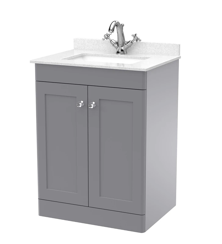 nuie Floor Standing 2 Door Unit & 1 Tap Hole Marble Worktop with Square Basin, 600mm, Satin Grey/White
