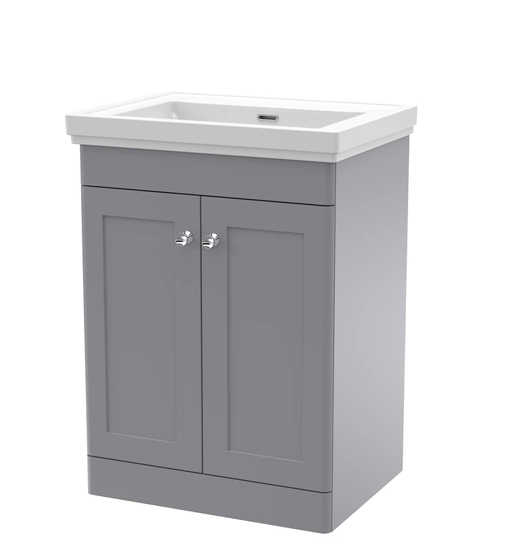 nuie CLC225H Classique Traditional Bathroom Floor Standing 2 Door Vanity Unit & 0 Tap Hole Fireclay Basin, 600mm, Satin Grey