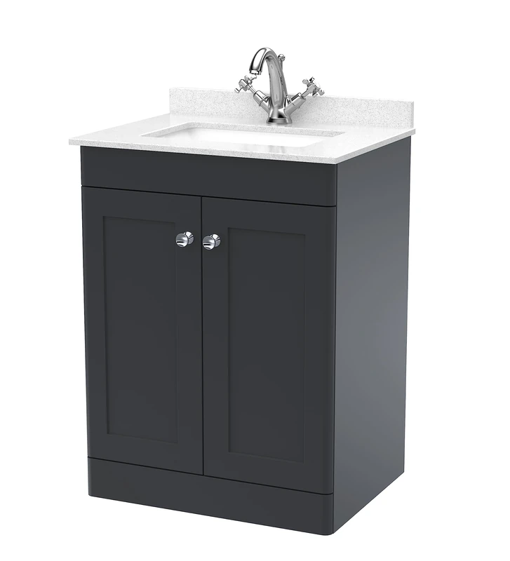 nuie Floor Standing 2 Door Unit & 1 Tap Hole Marble Worktop with Square Basin, 600mm, Satin Anthracite/White, Soft Black