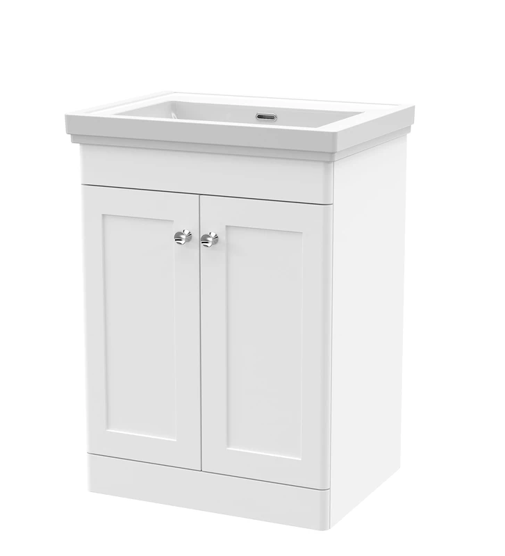 nuie Floor Standing 2 Door Vanity Unit & 0 Tap Hole Fireclay Basin, 600mm, Satin White, Small