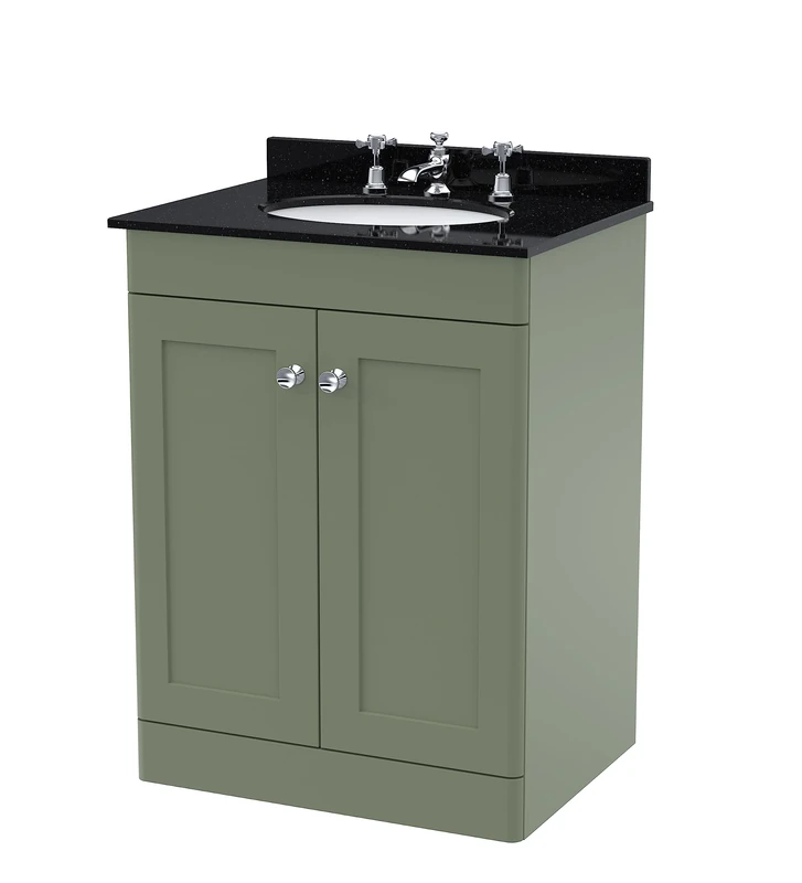 nuie CLC825BR3 Classique Floor Standing 2 Door Unit & 3 Tap Hole Marble Worktop with Round Basin, 600mm, Satin Green/Black