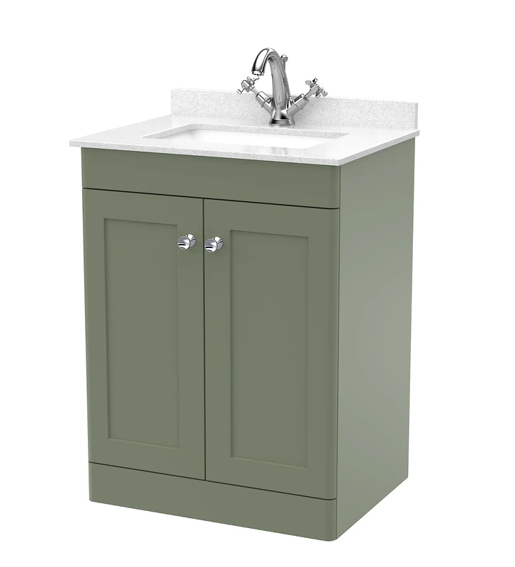 nuie Floor Standing 2 Door Unit & 1 Tap Hole Marble Worktop with Square Basin, 600mm, Satin Green/White