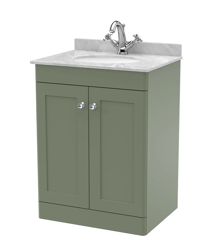 nuie CLC825GR1 Classique Floor Standing 2 Door Unit & 1 Tap Hole Marble Worktop with Round Basin, 600mm, Satin Green/Grey