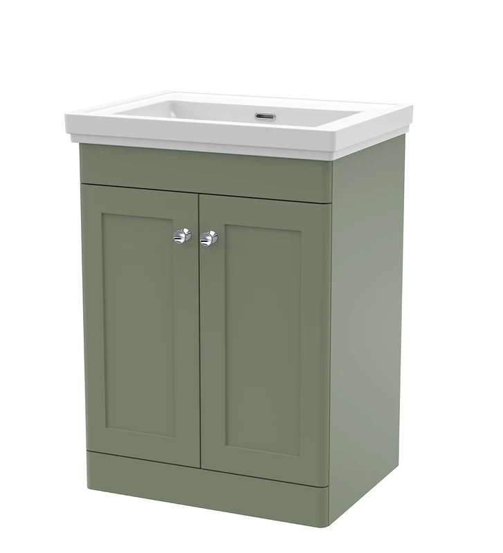 nuie CLC825H Classique Floor Standing 2 Door Vanity Unit & 0 Tap Hole Fireclay Basin, 600mm, Satin Green