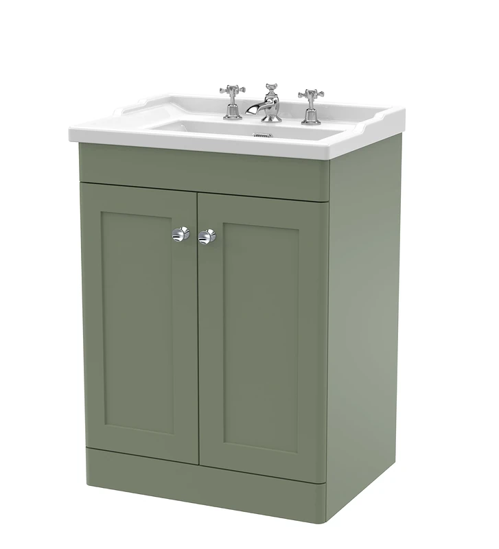 nuie CLC825G Classique Floor Standing 2 Door Vanity Unit & 3 Tap Hole Ceramic Basin, 600mm, Satin Green
