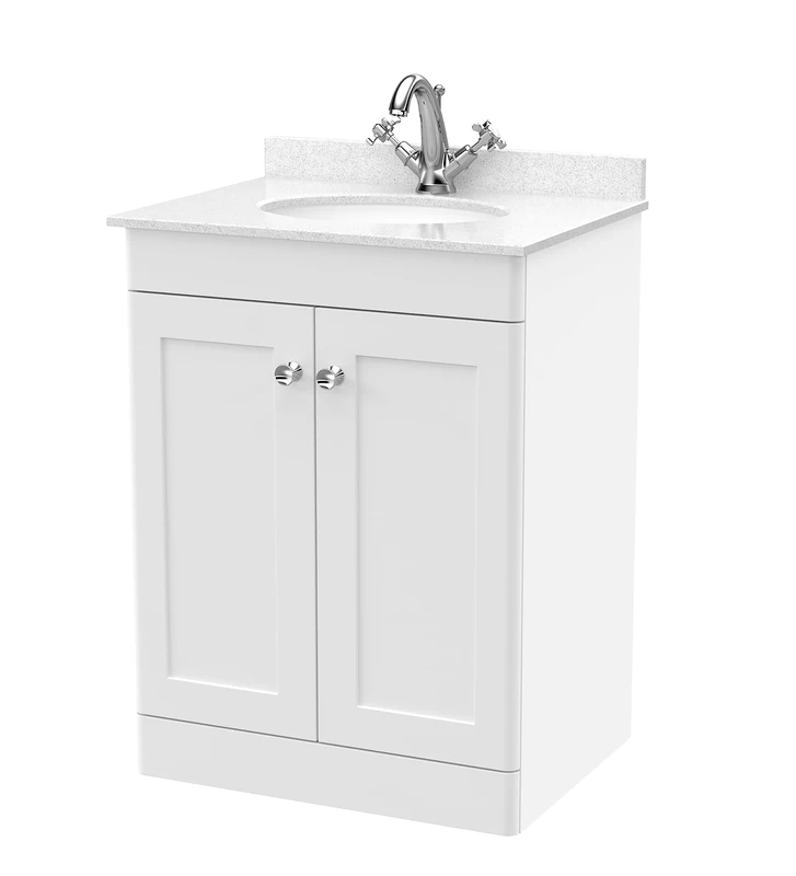 nuie CLC125WR1 Classique Floor Standing 2 Door Unit & 1 Tap Hole Marble Worktop with Round Basin, 600mm, Satin White