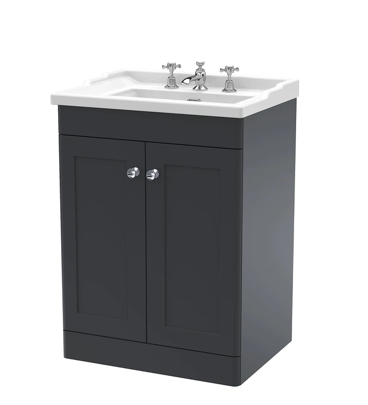 nuie CLC1425G Classique Floor Standing 2 Door Vanity Unit & 3 Tap Hole Ceramic Basin, 600mm, Soft Black