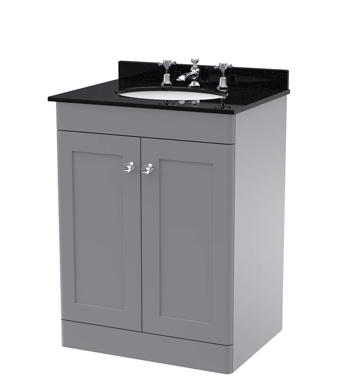 nuie CLC225BR3 Classique Floor Standing 2 Door Unit & 3 Tap Hole Marble Worktop with Round Basin, 600mm, Satin Grey/Black