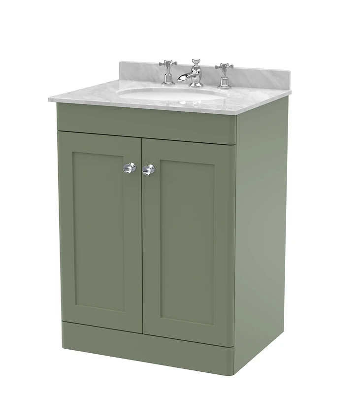 nuie CLC825GR3 Classique Floor Standing 2 Door Unit & 3 Tap Hole Marble Worktop with Round Basin, 600mm, Satin Green/Grey